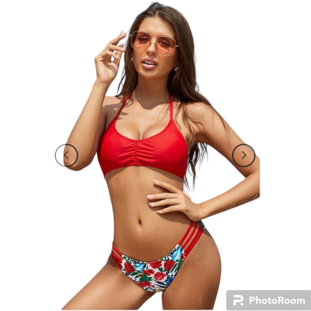 SHEKINI 2 piece Red and Floral Print Strappy Back Bikini; women size L